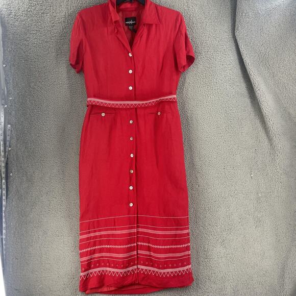 Positive Attitude Dress Womens 14 Red Linen Blend Button Front Midi Dress - Picture 1 of 15
